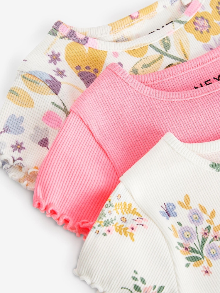 Pink Floral Short Sleeve Rib T-Shirts 3 Pack (3mths-7yrs) - Image 3 of 3 Pink Floral Short Sleeve Rib T-Shirts 3 Pack (3mths-7yrs) - Image 3 of 3