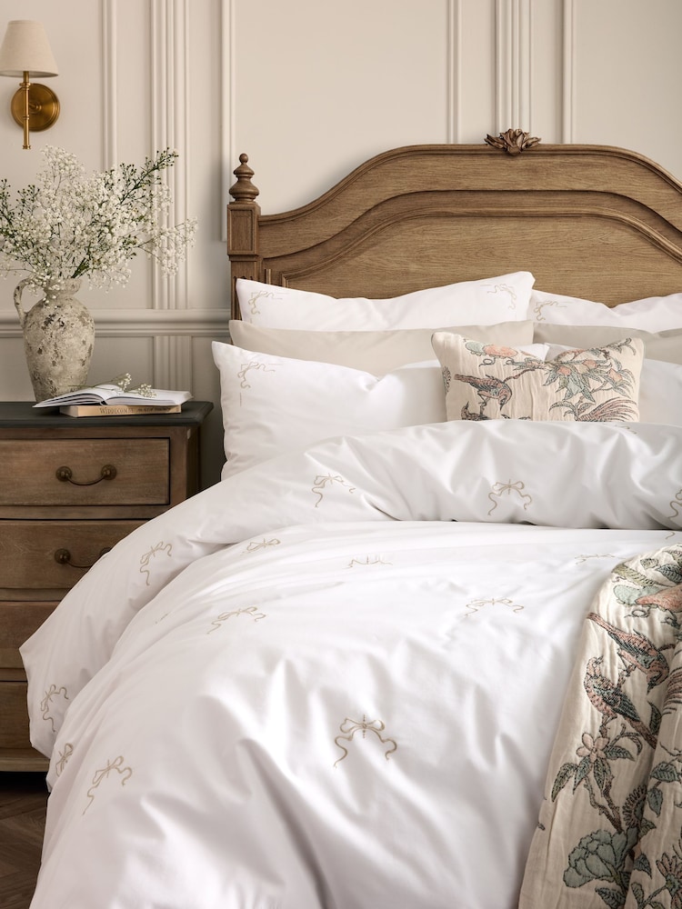 Historic Royal Palaces White Natural Bow Embroidery 200 Thread Count Duvet Cover and Pillowcase Set - Image 1 of 4 Historic Royal Palaces White Natural Bow Embroidery 200 Thread Count Duvet Cover and Pillowcase Set - Image 1 of 4