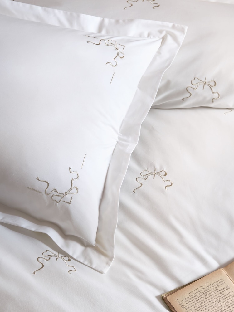 Historic Royal Palaces Set of 2 White Natural Bow Embroidery 200 Thread Count Pillowcases - Image 1 of 2 Historic Royal Palaces Set of 2 White Natural Bow Embroidery 200 Thread Count Pillowcases - Image 1 of 2