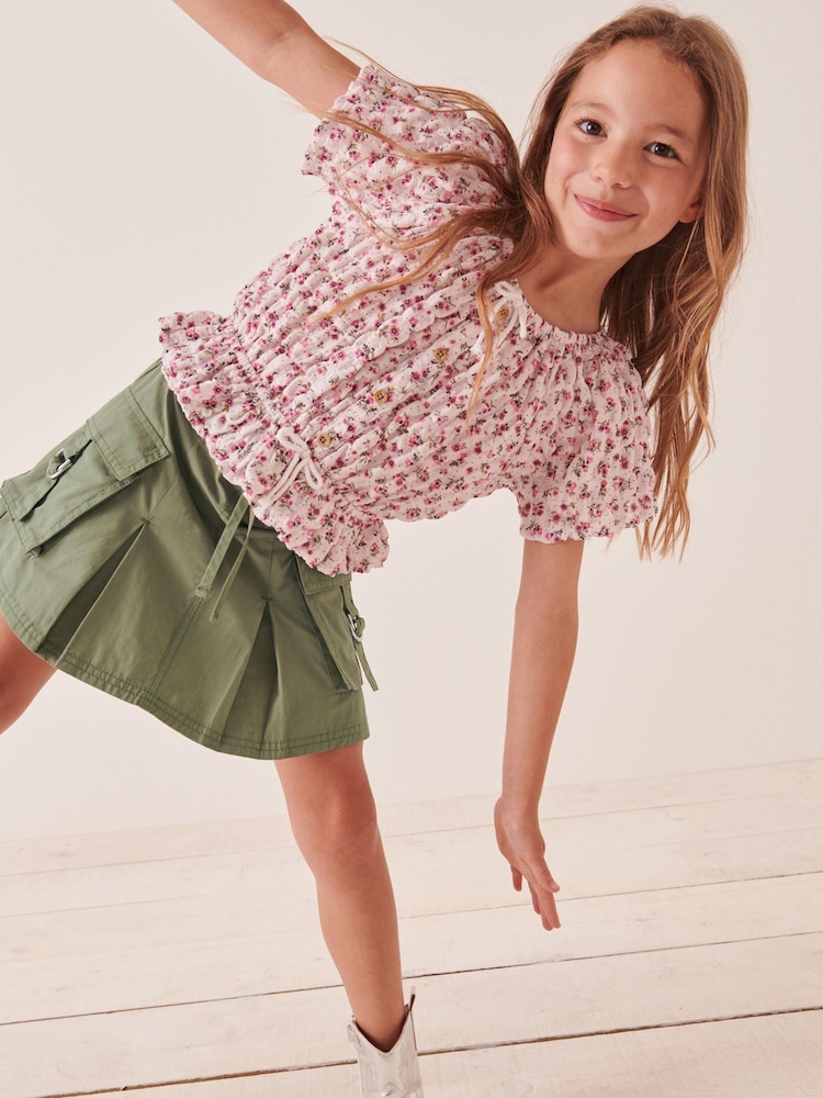 Pink/White Ditsy Floral Textured Crinkle Bardot Top (3-16yrs) - Image 1 of 7 Pink/White Ditsy Floral Textured Crinkle Bardot Top (3-16yrs) - Image 1 of 7