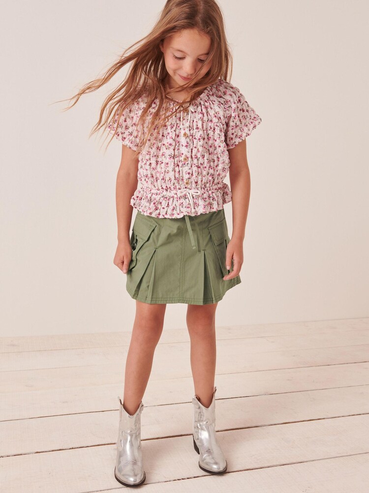 Pink/White Ditsy Floral Textured Crinkle Bardot Top (3-16yrs) - Image 2 of 7 Pink/White Ditsy Floral Textured Crinkle Bardot Top (3-16yrs) - Image 2 of 7