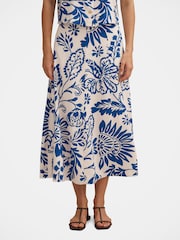 Forever New Blue Darcy Printed Seamed Midi Skirt Contains Linen - Image 1 of 5