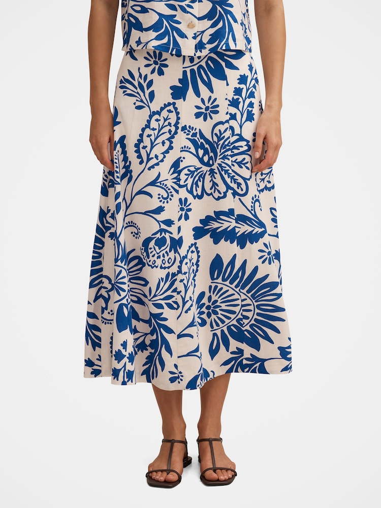 Forever New Blue Darcy Printed Seamed Midi Skirt Contains Linen - Image 1 of 5