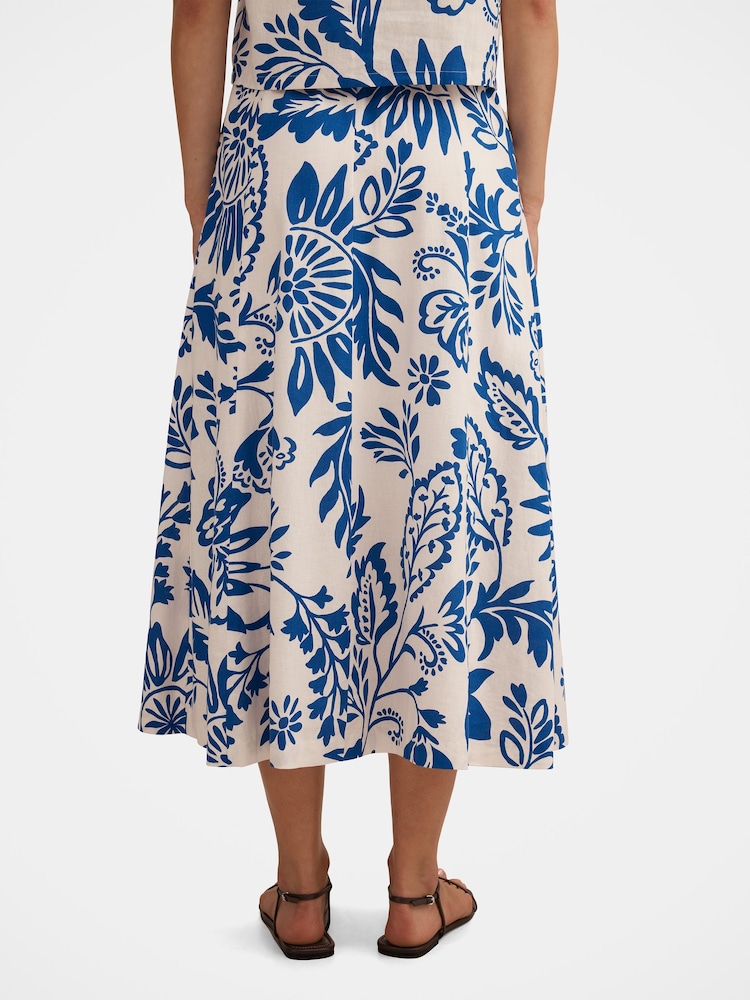Forever New Blue Darcy Printed Seamed Midi Skirt Contains Linen - Image 2 of 5