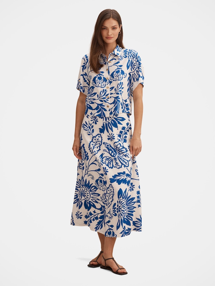 Forever New Blue Darcy Printed Seamed Midi Skirt Contains Linen - Image 5 of 5