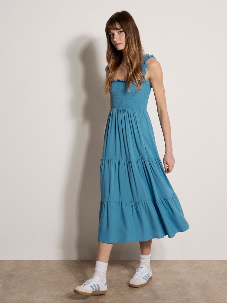 Apricot Teal Blue Smock Tiered Midi Dress - Image 1 of 4