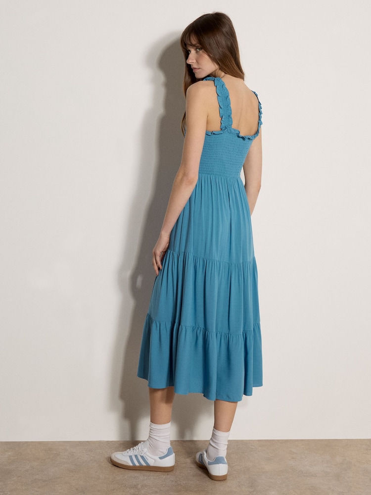 Apricot Teal Blue Smock Tiered Midi Dress - Image 2 of 4
