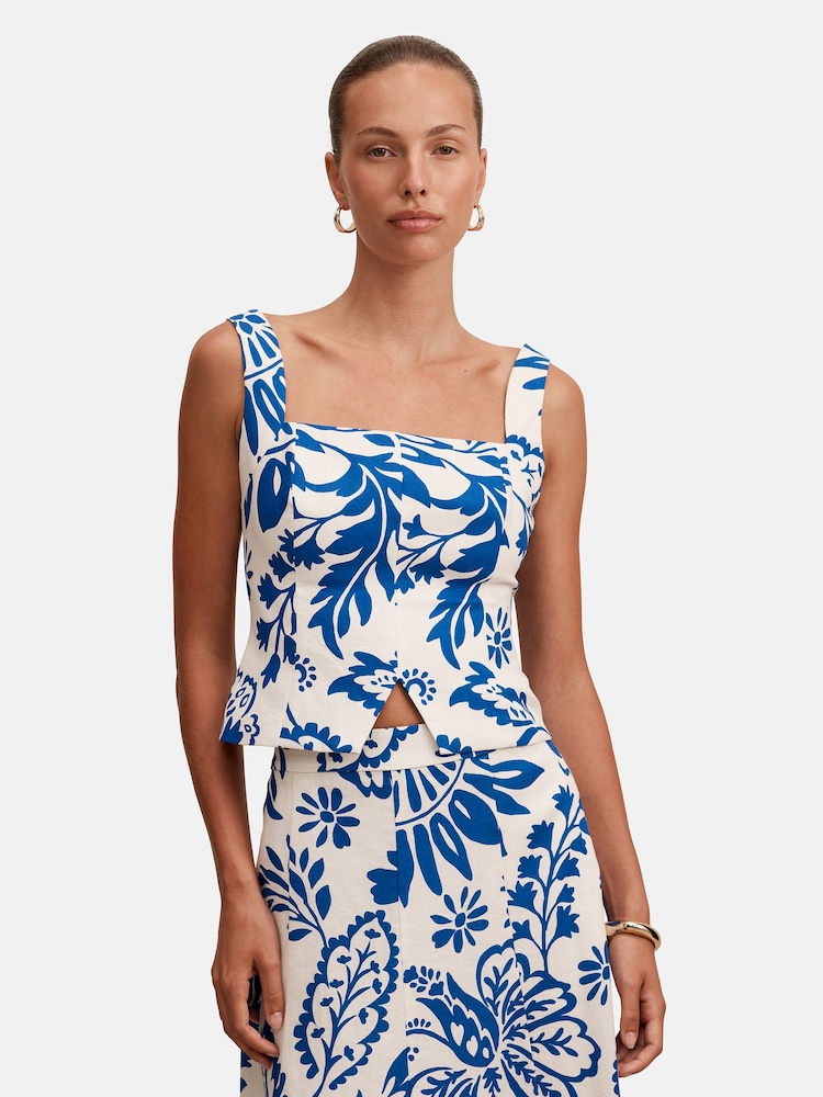 Forever New Blue Darcy Printed Top Contains Linen T-Shirt - Image 1 of 5