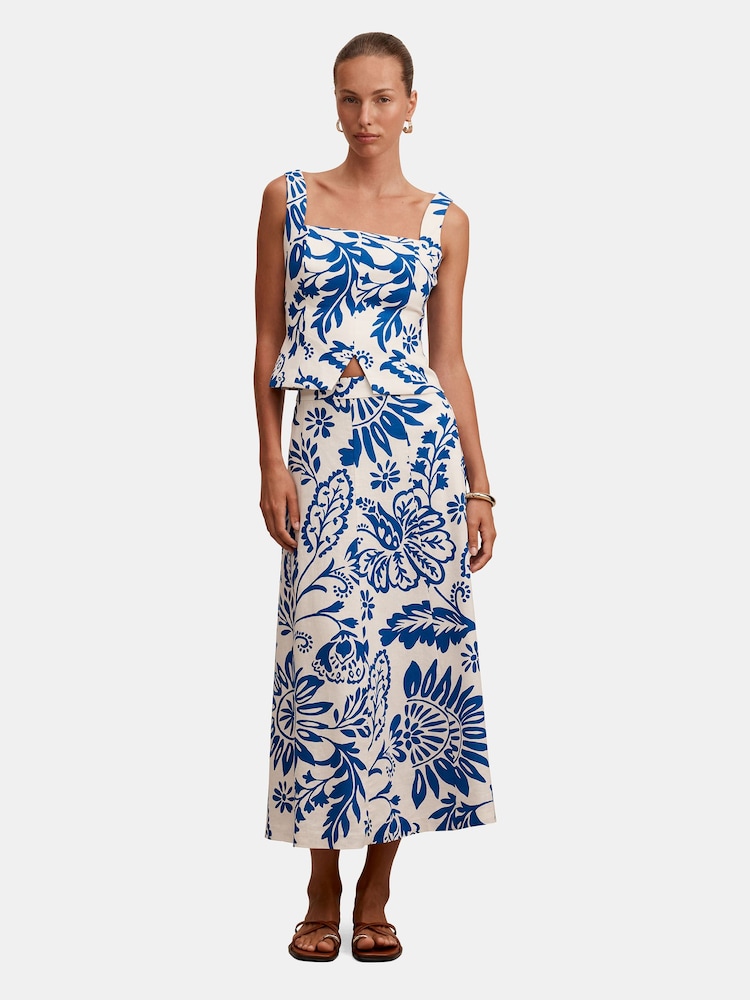 Forever New Blue Darcy Printed Top Contains Linen T-Shirt - Image 5 of 5