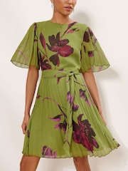 Lipsy Olive Green Floral Print Fit And Flare Pleated Mini Dress - Image 1 of 4