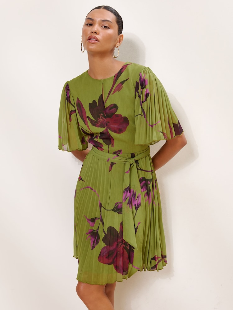 Lipsy Olive Green Floral Print Fit And Flare Pleated Mini Dress - Image 2 of 4