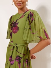 Lipsy Olive Green Floral Print Fit And Flare Pleated Mini Dress - Image 3 of 4