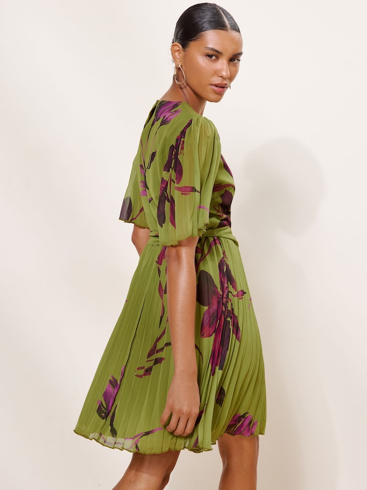 Lipsy Olive Green Floral Print Fit And Flare Pleated Mini Dress - Image 4 of 4