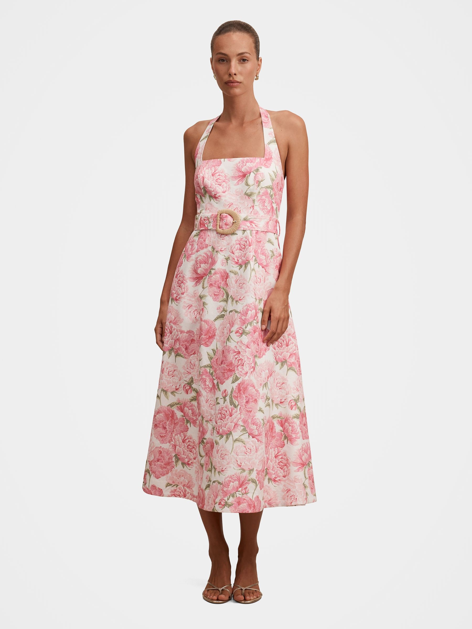 Buy Forever New Pink Linen Blend Blossom Halter Neck Midi Dress