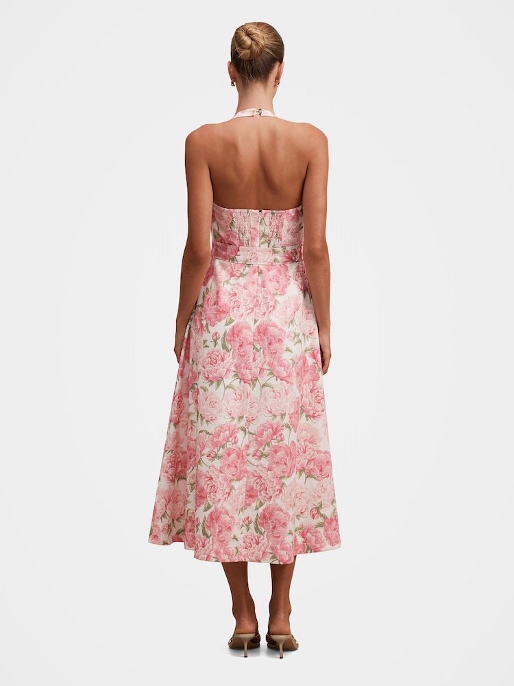 Forever New Pink Blossom Halter Neck Midi Dress Contains Linen Dress - Image 2 of 4