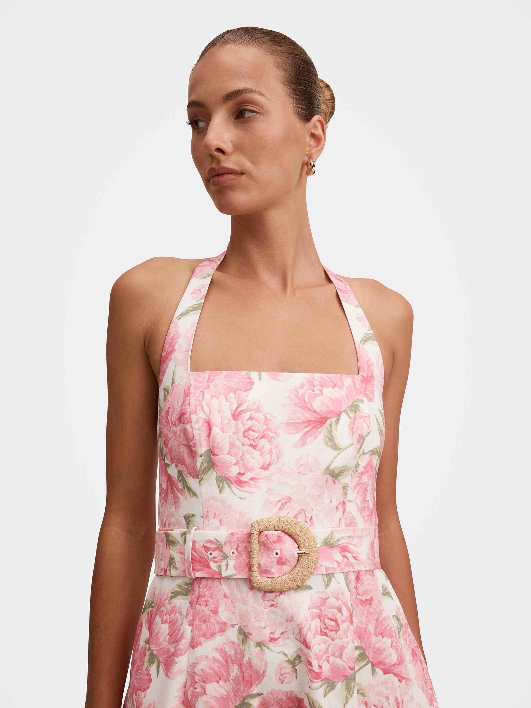 Buy Forever New Pink Linen Blend Blossom Halter Neck Midi Dress