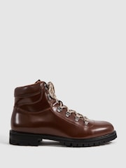 Reiss Dark Tan Ashdown Leather Hiking Boots - Image 1 of 6