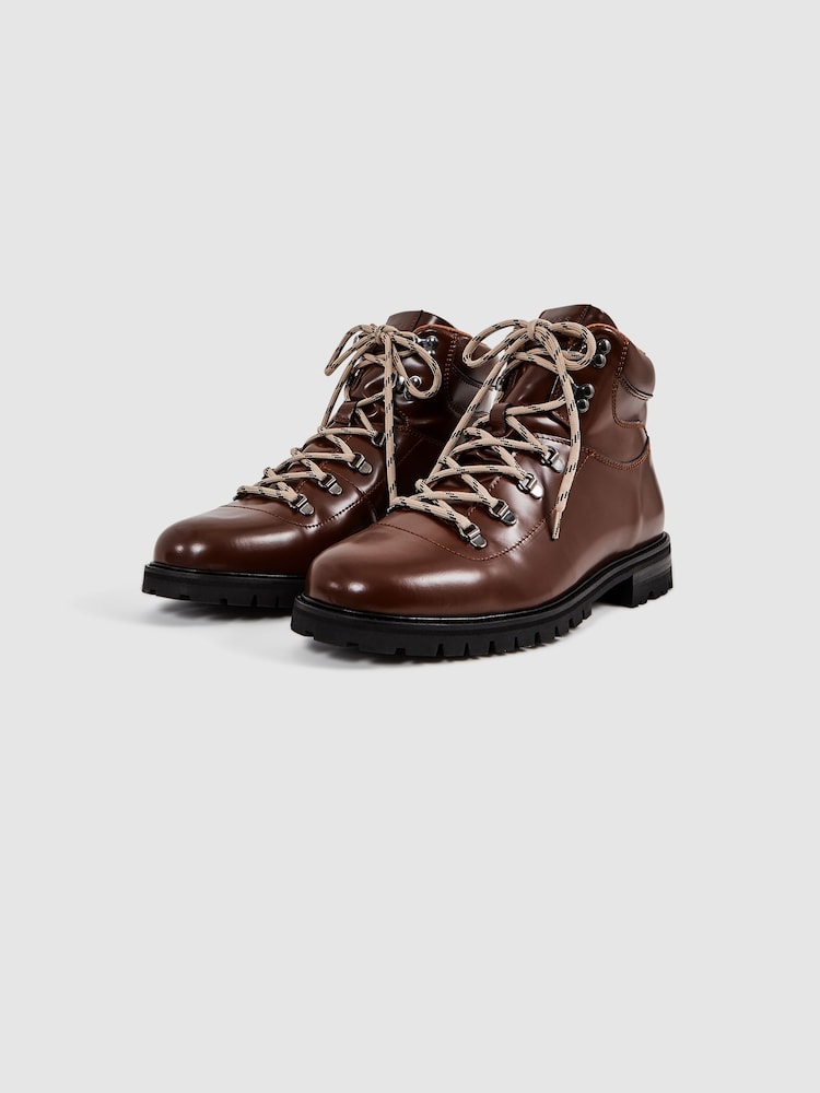 Reiss Dark Tan Ashdown Leather Hiking Boots - Image 4 of 6