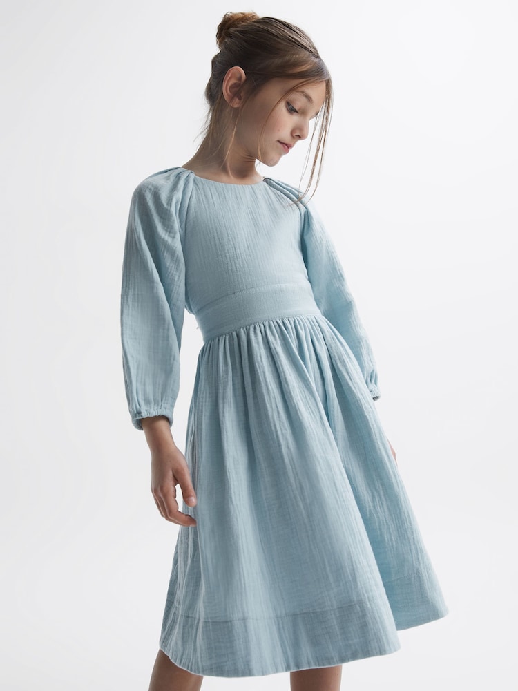 Reiss Blue Hannah Cotton Bow Back Dress - Image 1 of 6