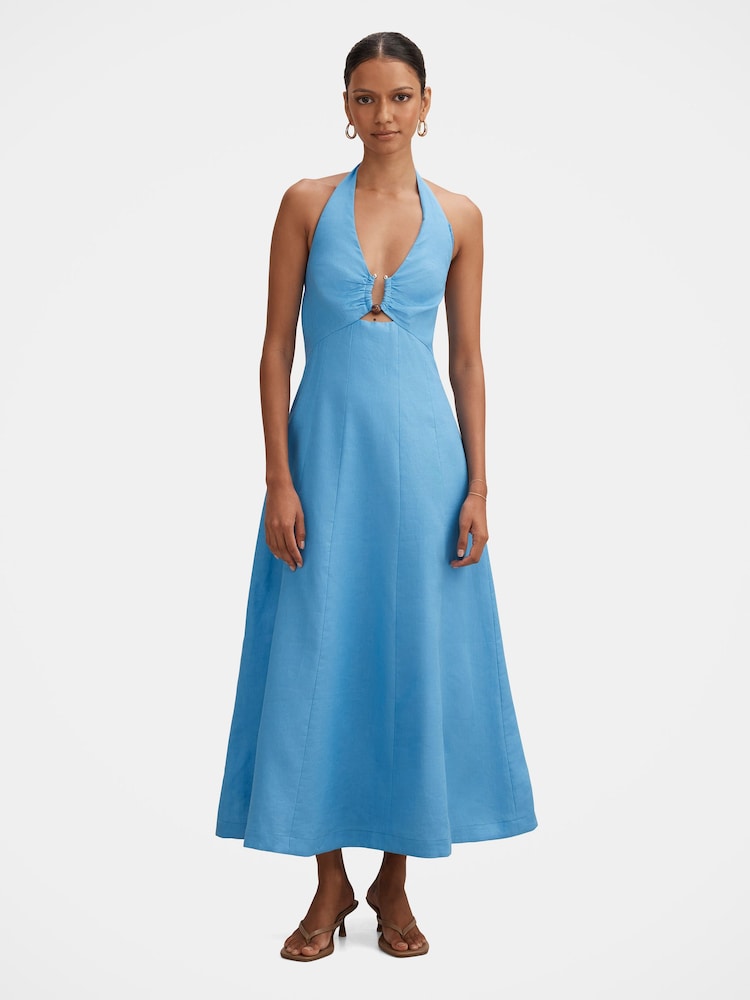 Forever New Blue Pure Linen Angie Petite Halter Neck Midi Dress - Image 1 of 4
