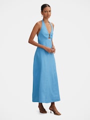 Forever New Blue Pure Linen Angie Petite Halter Neck Midi Dress - Image 4 of 4