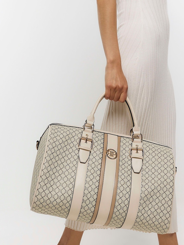 River Island Beige Monogram Webbing Travel Bag - Image 1 of 5 River Island Beige Monogram Webbing Travel Bag - Image 1 of 5