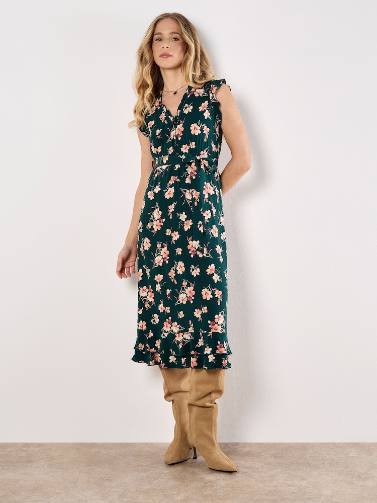 Apricot Green Painterly Floral Midi Dress - Image 1 of 4
