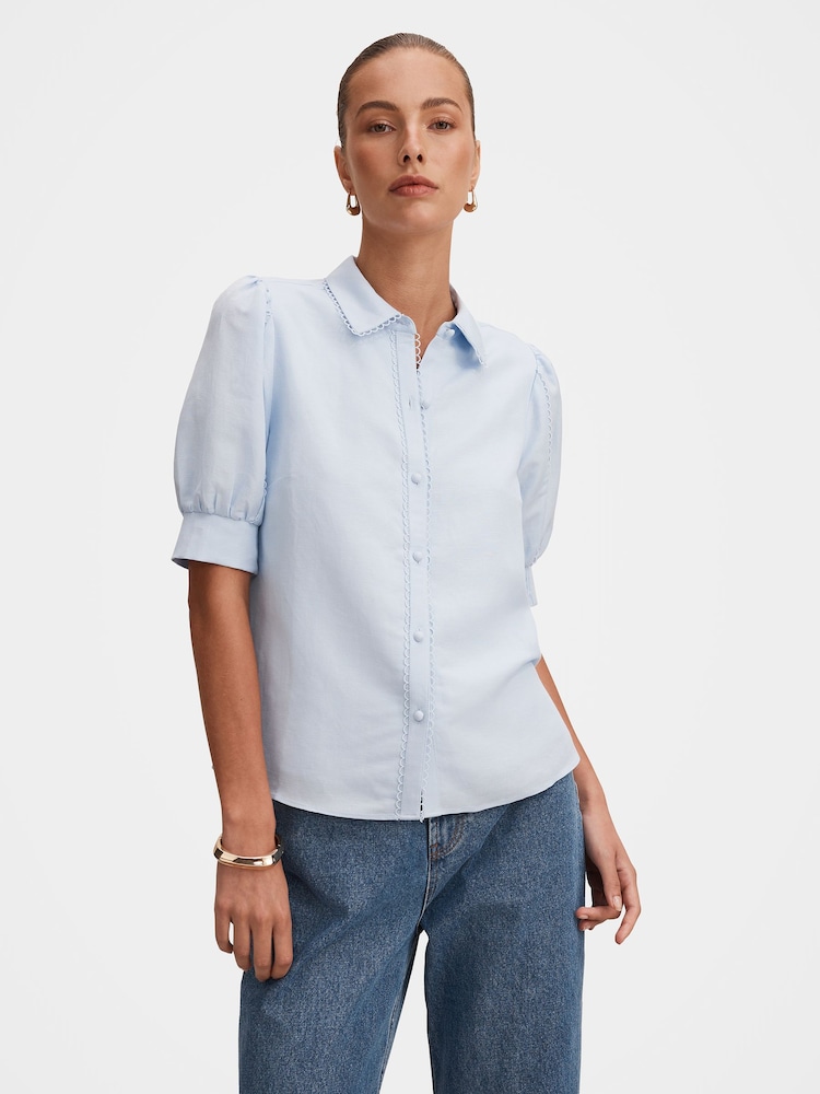 Forever New Blue Finley Trim Detail Blouse Contains Linen - Image 1 of 5