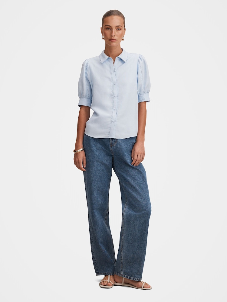 Forever New Blue Finley Trim Detail Blouse Contains Linen - Image 5 of 5