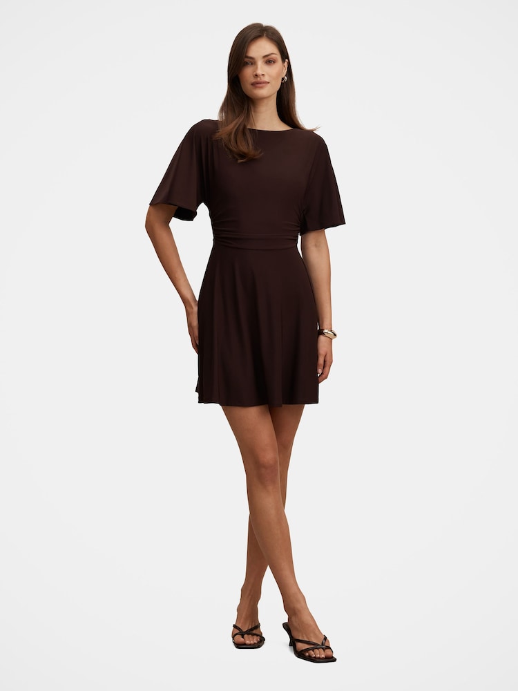 Forever New Brown Cora Flutter Sleeves Tie Mini Dress - Image 1 of 5