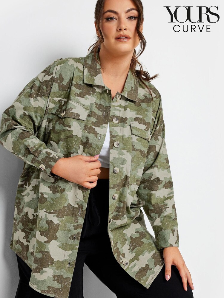 Yours Curve Camo green Limited Utility Shacket - Image 1 of 5