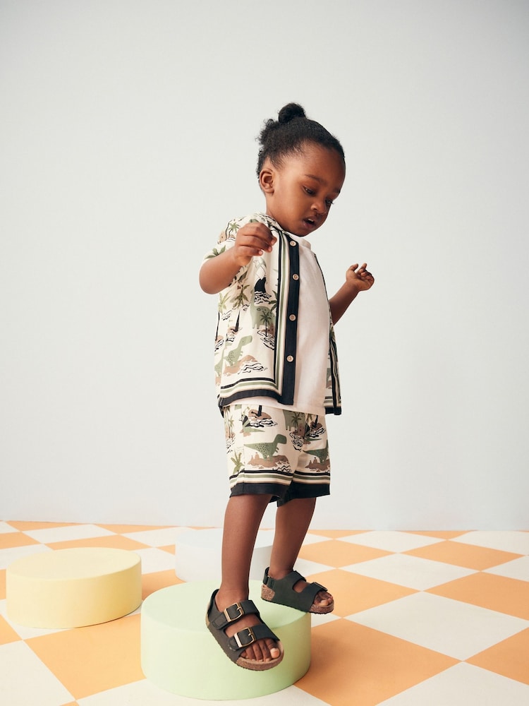Green/Ecru Dino 100% Cotton Short Sleeves Printed Shirt and Shorts Set (3mths-12yrs) - Image 2 of 6