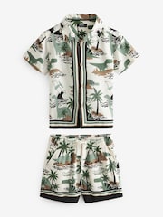 Green/Ecru Dino 100% Cotton Short Sleeves Printed Shirt and Shorts Set (3mths-12yrs) - Image 4 of 6