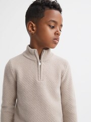 Reiss Oatmeal Melange Tempo Junior Slim Fit Knitted Half-Zip Funnel Neck Jumper - Image 1 of 6
