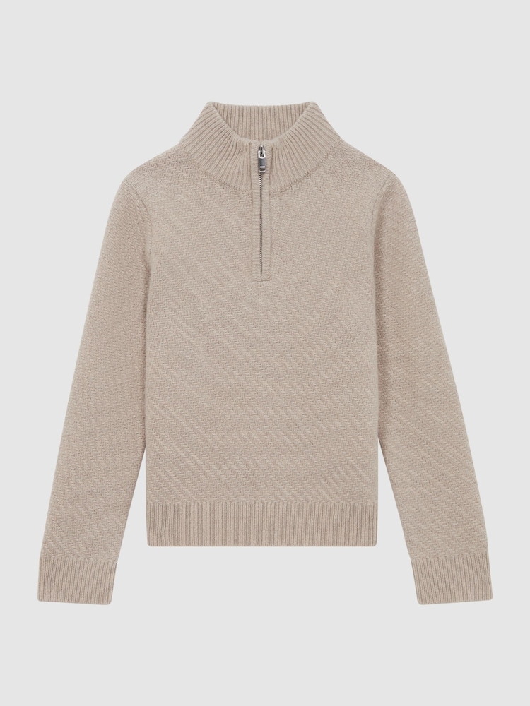 Reiss Oatmeal Melange Tempo Junior Slim Fit Knitted Half-Zip Funnel Neck Jumper - Image 2 of 6