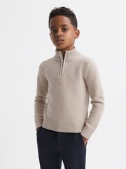 Reiss Oatmeal Melange Tempo Junior Slim Fit Knitted Half-Zip Funnel Neck Jumper - Image 3 of 6