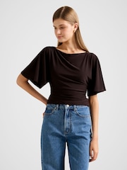 Forever New Brown Paige Flutter Sleeves Tie Back Top - Image 1 of 5