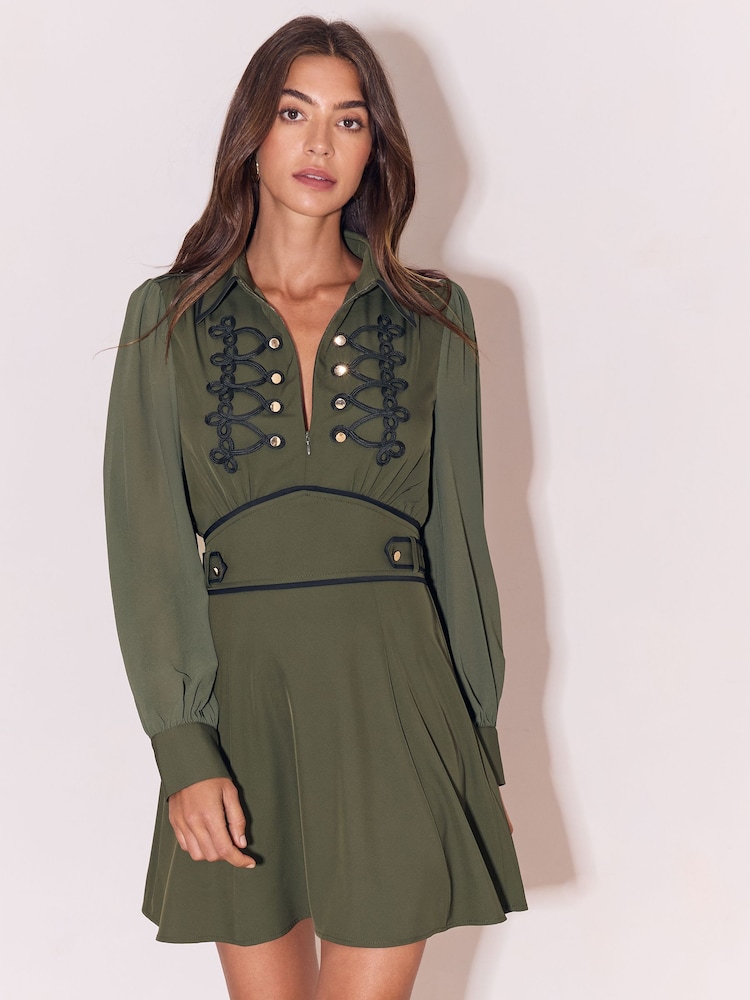Lipsy Khaki Green Frogging Detail Collared Military Mini Dress - Image 1 of 6