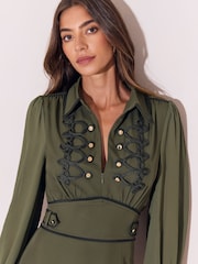Lipsy Khaki Green Frogging Detail Collared Military Mini Dress - Image 3 of 6