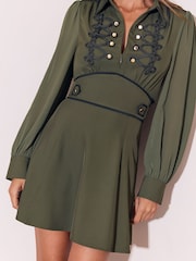 Lipsy Khaki Green Frogging Detail Collared Military Mini Dress - Image 4 of 6
