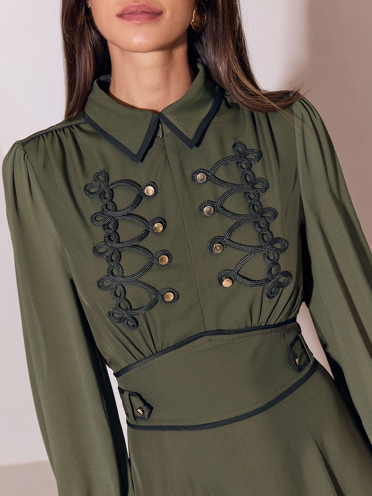 Lipsy Khaki Green Frogging Detail Collared Military Mini Dress - Image 6 of 6
