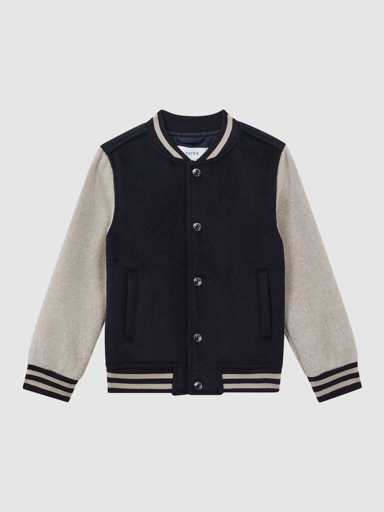 Reiss Navy/Stone Kansas Wool-Blend Melton Bomber Jacket - Image 2 of 6