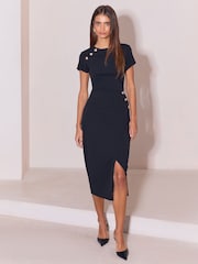 Lipsy Black Smart Knot Button Scuba Short Sleeve Midi Dress - Image 1 of 5