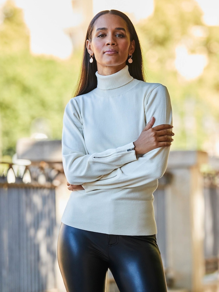 Sosandar White Roll Neck Zip Detail Jumper - Image 1 of 5