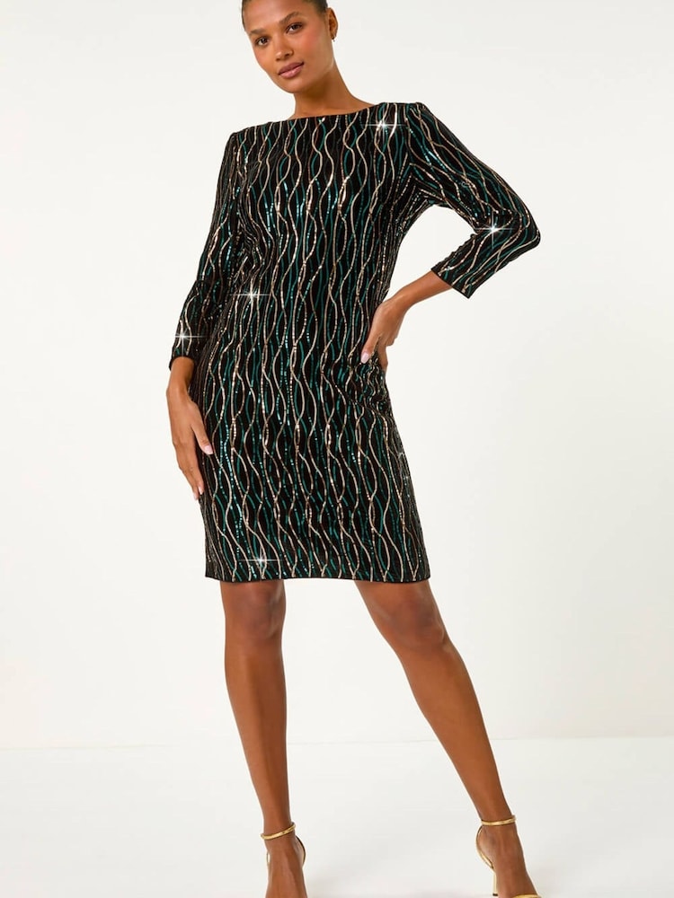Roman Black Sequin Embellished Velvet Bodycon Dress - Image 1 of 5