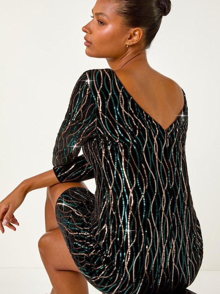 Roman Black Sequin Embellished Velvet Bodycon Dress - Image 2 of 5