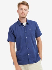 Barbour® Navy Nelson Linen Blend Short Sleeve Shirt - Image 1 of 6