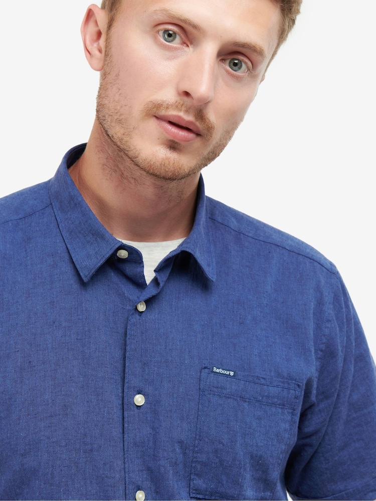 Barbour® Navy Nelson Linen Blend Short Sleeve Shirt - Image 4 of 6