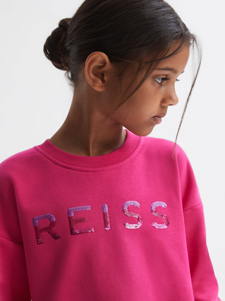 Reiss Bright Pink Nina 9-14 yrs Sequin Crew Neck Jumper - Image 1 of 6