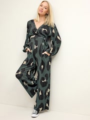Khaki Green Animal Print Maternity Plissé Jumpsuit - Image 1 of 7